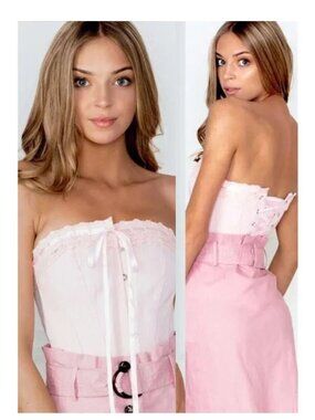 Steel Boned Victorian Overbust Corset EU Pink Lace Up Waist Trainer US 16 NWT